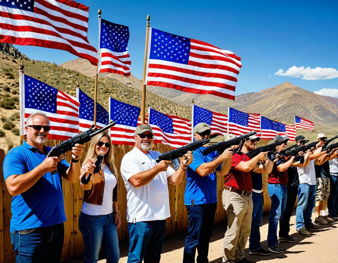 A patriotic scene featuring diverse gun enthusiasts at a shooting range, showcasing various firearms while emphasizing the Second Amendment. Include banners with encouraging slogans about rights and freedom, set against a backdrop of mountains and an American flag. The atmosphere is vibrant and engaging, with participants actively enjoying their day. Make it dynamic and inviting. super-realistic. vibrant colors. outdoor setting.