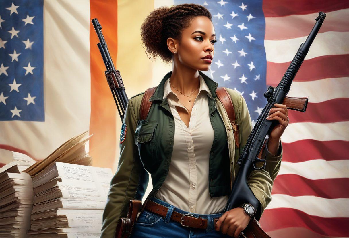 A powerful illustration of a person confidently standing with a rifle, surrounded by various symbols of firearm rights like scales of justice, legal documents, and an American flag waving in the background. The scene conveys a sense of empowerment and advocacy, showcasing diverse individuals coming together for a common cause. Elements of legislation are subtly integrated, such as books and a gavel. The overall tone should be bold and inspiring, highlighting passion for firearms. super-realistic. vibrant colors. dynamic composition.